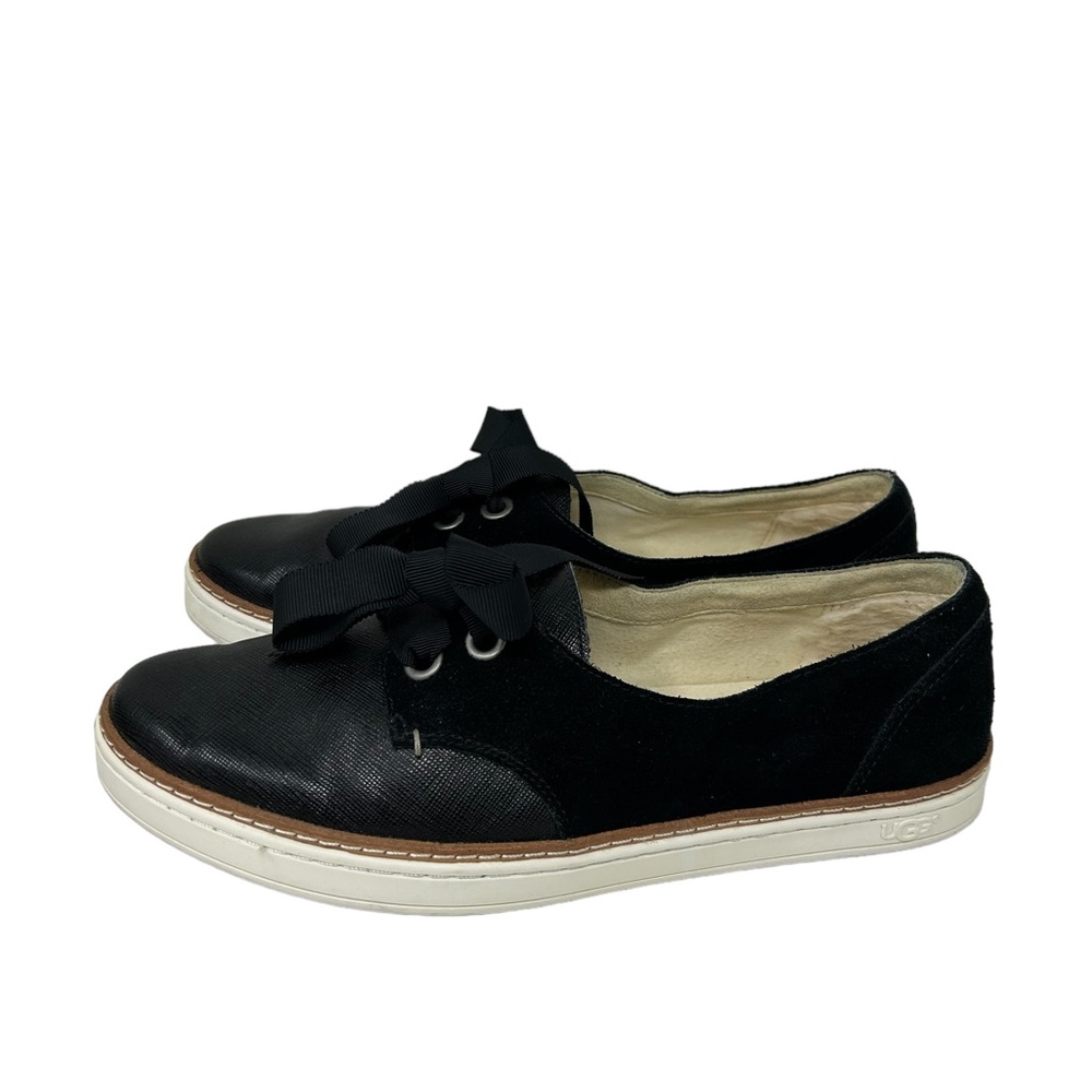 UGG Carilyn Black Suede and Textured Leather Slip-On Sneaker with Ribbon Bow - Picture 1 of 6
